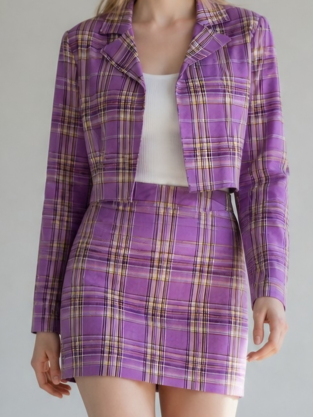 superdown Purple Plaid Cropped Blazer & Skirt Set -90s Clueless